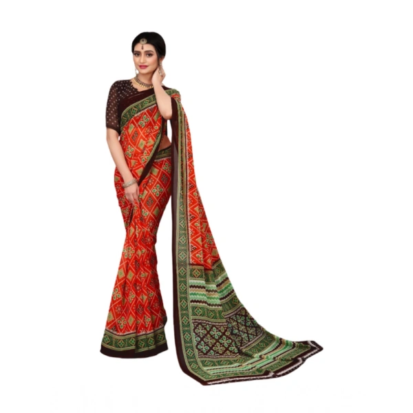 Women's Georgette Floral Print Saree With Unstitched Blouse 5.5Mtr (Red) - Red