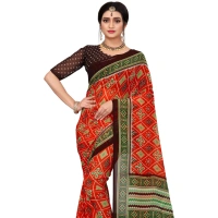 Women's Georgette Floral Print Saree With Unstitched Blouse 5.5Mtr (Red) - Red