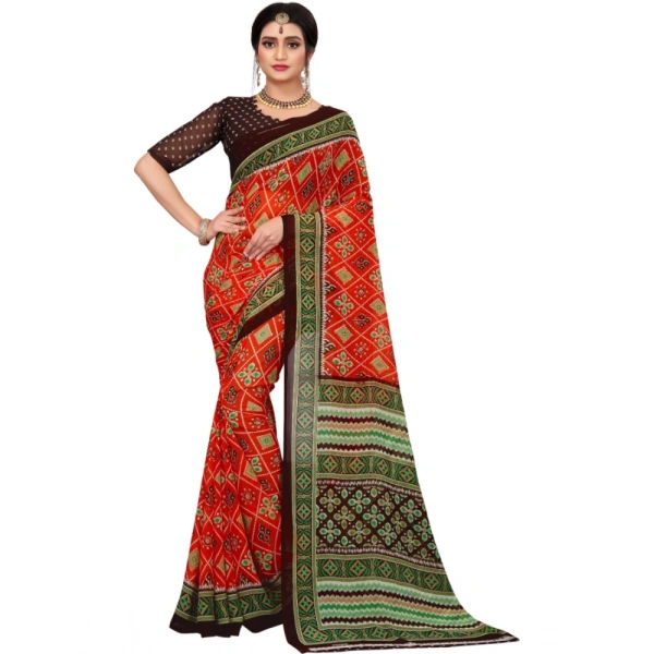 Women's Georgette Floral Print Saree With Unstitched Blouse 5.5Mtr (Red) - Red