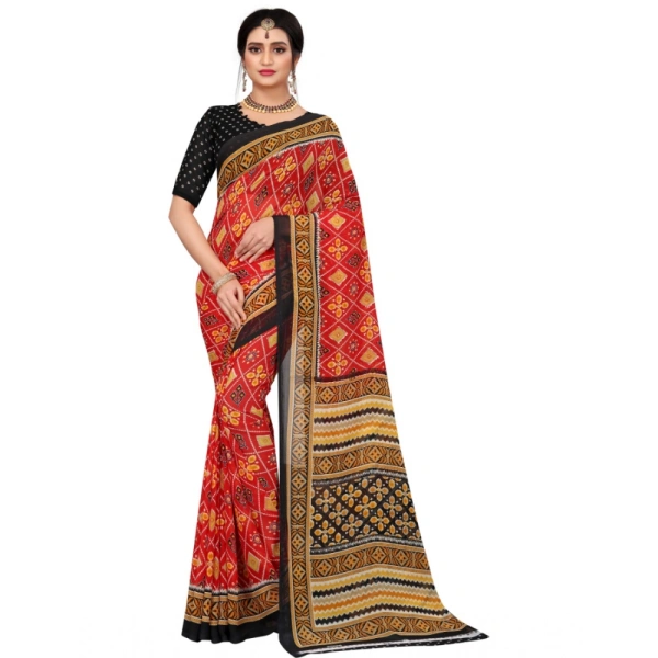 Women's Georgette Floral Print Saree With Unstitched Blouse 5.5Mtr (Red) - Red