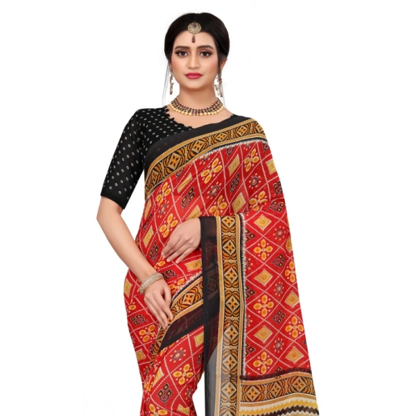 Women's Georgette Floral Print Saree With Unstitched Blouse 5.5Mtr (Red) - Red