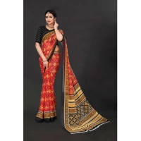 Women's Georgette Floral Print Saree With Unstitched Blouse 5.5Mtr (Red) - Red
