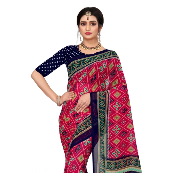 Women's Georgette Floral Print Saree With Unstitched Blouse 5.5Mtr (Pink) - Pink