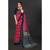 Women's Georgette Floral Print Saree With Unstitched Blouse 5.5Mtr (Pink) - Pink