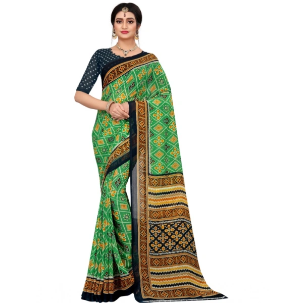 Women's Georgette Floral Print Saree With Unstitched Blouse 5.5Mtr (Light Green) - Light Green