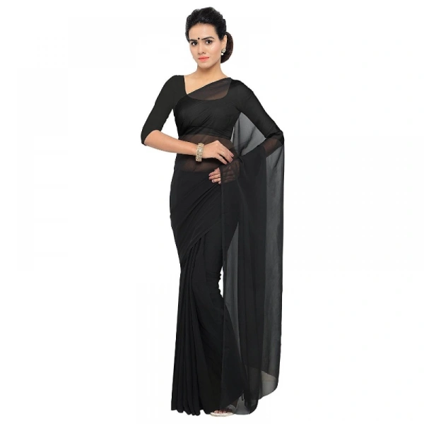 Women's Georgette Plain Saree With Blouse (Black, 5-6 Mtrs) - Black