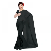 Women's Georgette Plain Saree With Blouse (Black, 5-6 Mtrs) - Black