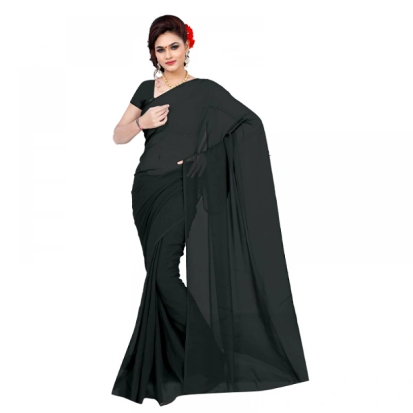 Women's Georgette Plain Saree With Blouse (Black, 5-6 Mtrs) - Black