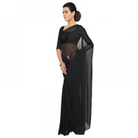 Women's Georgette Plain Saree With Blouse (Black, 5-6 Mtrs) - Black
