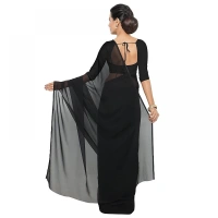 Women's Georgette Plain Saree With Blouse (Black, 5-6 Mtrs) - Black