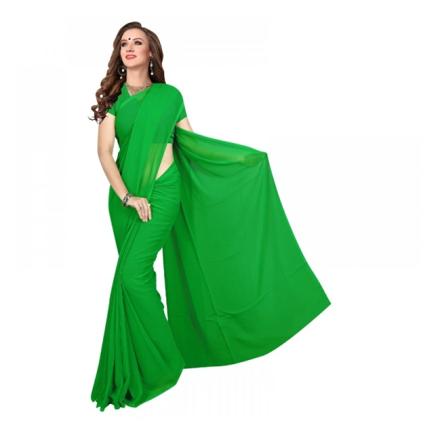 Women's Georgette Plain Saree With Blouse (Dark Green, 5-6 Mtrs) - Dark Green