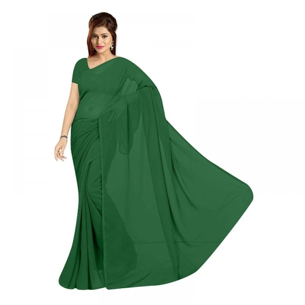Women's Georgette Plain Saree With Blouse (Dark Green, 5-6 Mtrs) - Dark Green