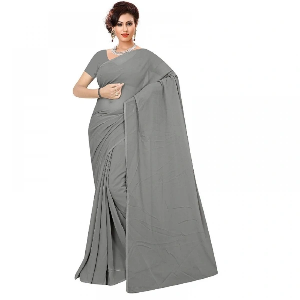 Women's Georgette Plain Saree With Blouse (Grey, 5-6 Mtrs) - Grey