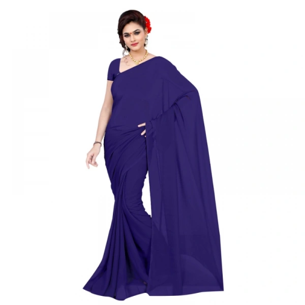 Women's Georgette Plain Saree With Blouse (Navy Blue, 5-6 Mtrs) - Navy Blue