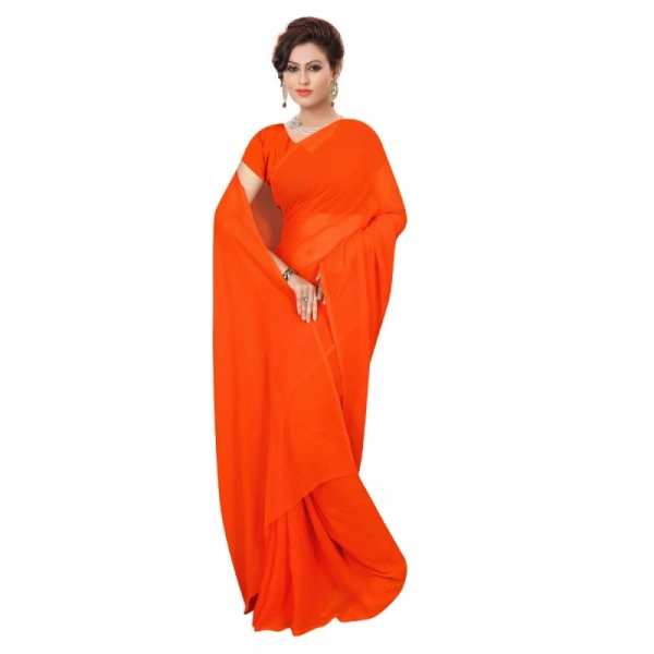 Women's Georgette Plain Saree With Blouse (Orange, 5-6 Mtrs) - Orange