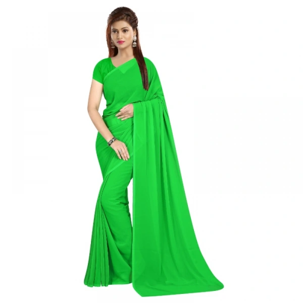 Women's Georgette Plain Saree With Blouse (parrot Green, 5-6 Mtrs) - parrot Green