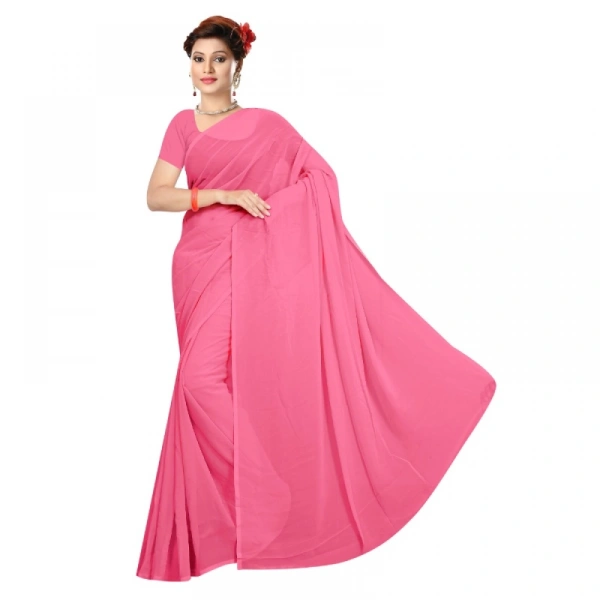 Women's Georgette Plain Saree With Blouse (Pink, 5-6 Mtrs) - Pink