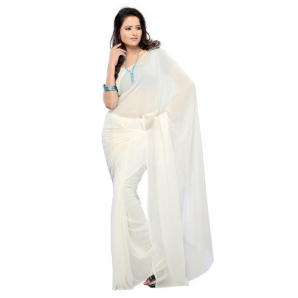 Women's Georgette Plain Saree With Blouse (white, 5-6 Mtrs) - White