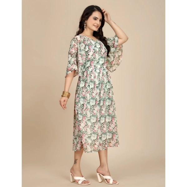 Women's Georgette Printed Round Neck Short Sleeve Dresses (Pink) - L