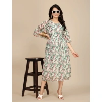 Women's Georgette Printed Round Neck Short Sleeve Dresses (Pink) - L
