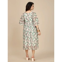 Women's Georgette Printed Round Neck Short Sleeve Dresses (Pink) - L