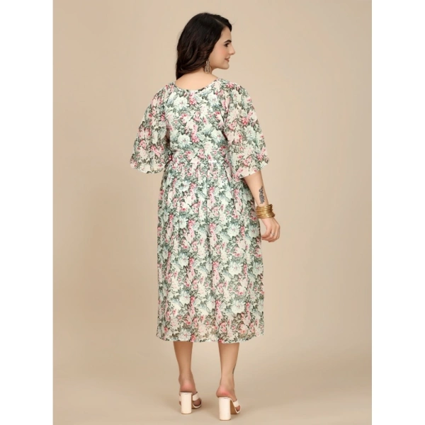 Women's Georgette Printed Round Neck Short Sleeve Dresses (Pink) - L