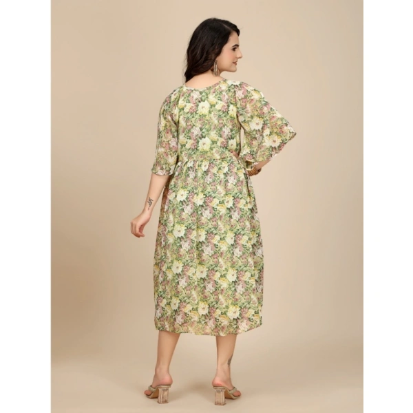 Women's Georgette Printed Round Neck Short Sleeve Dresses (Green) - XL