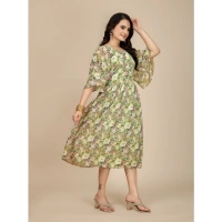 Women's Georgette Printed Round Neck Short Sleeve Dresses (Green) - XL