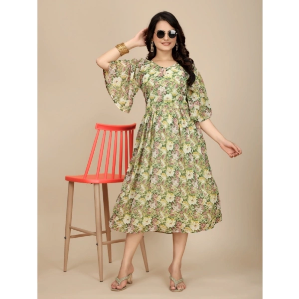 Women's Georgette Printed Round Neck Short Sleeve Dresses (Green) - XL