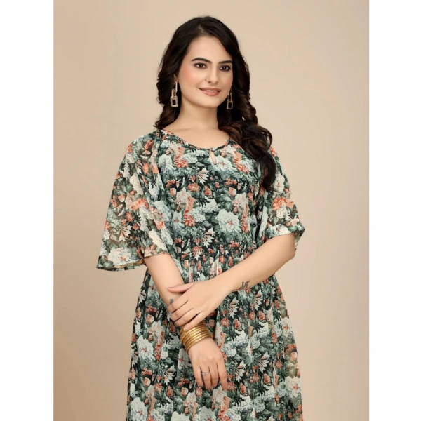 Women's Georgette Printed Round Neck Short Sleeve Dresses (Black) - XL