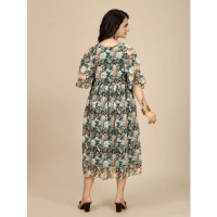 Women's Georgette Printed Round Neck Short Sleeve Dresses (Black) - XL