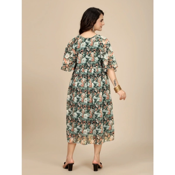 Women's Georgette Printed Round Neck Short Sleeve Dresses (Black) - XL