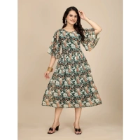 Women's Georgette Printed Round Neck Short Sleeve Dresses (Black) - XL