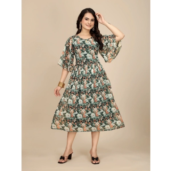 Women's Georgette Printed Round Neck Short Sleeve Dresses (Black) - XL