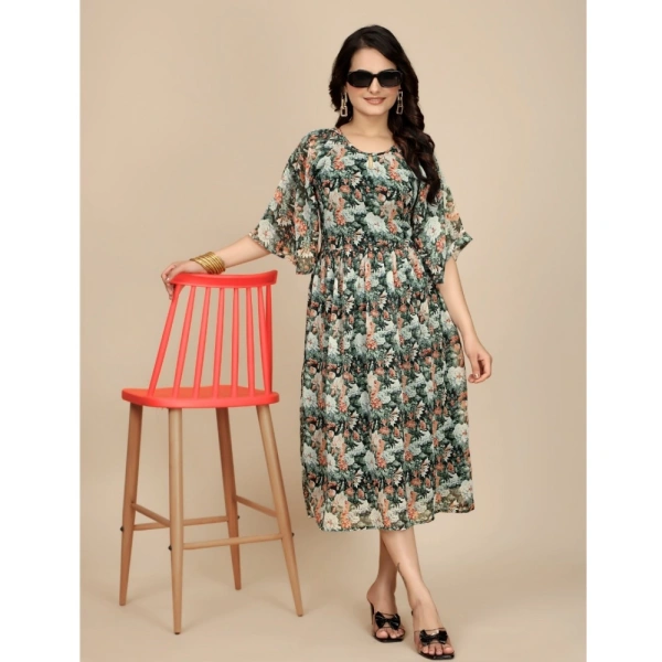 Women's Georgette Printed Round Neck Short Sleeve Dresses (Black) - XL