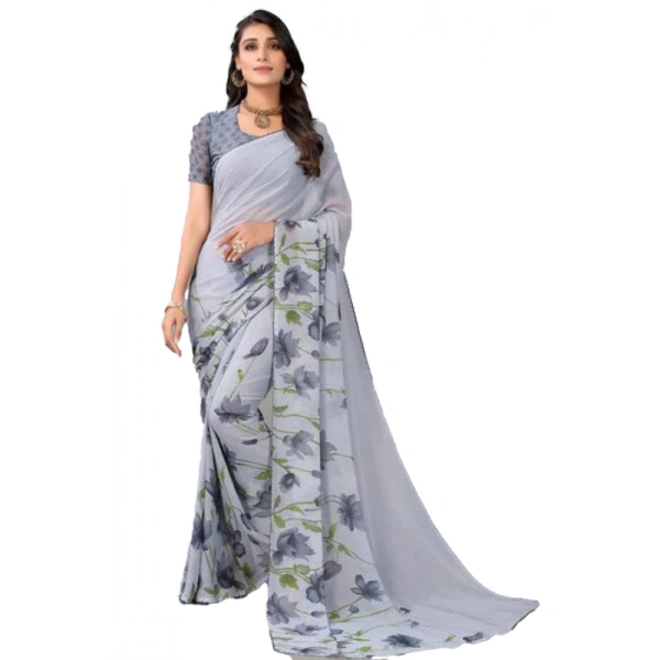 Women's Georgette Printed Saree With Unstitched Blouse (Grey) - Grey