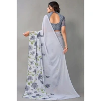 Women's Georgette Printed Saree With Unstitched Blouse (Grey) - Grey