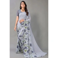Women's Georgette Printed Saree With Unstitched Blouse (Grey) - Grey