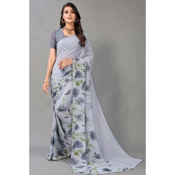 Women's Georgette Printed Saree With Unstitched Blouse (Grey) - Grey