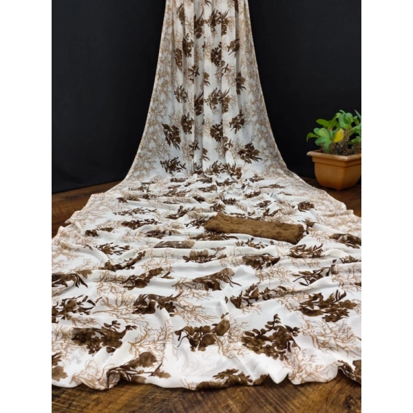 Women's Georgette Printed Saree With Unstitched Blouse (Coffee) - Coffee