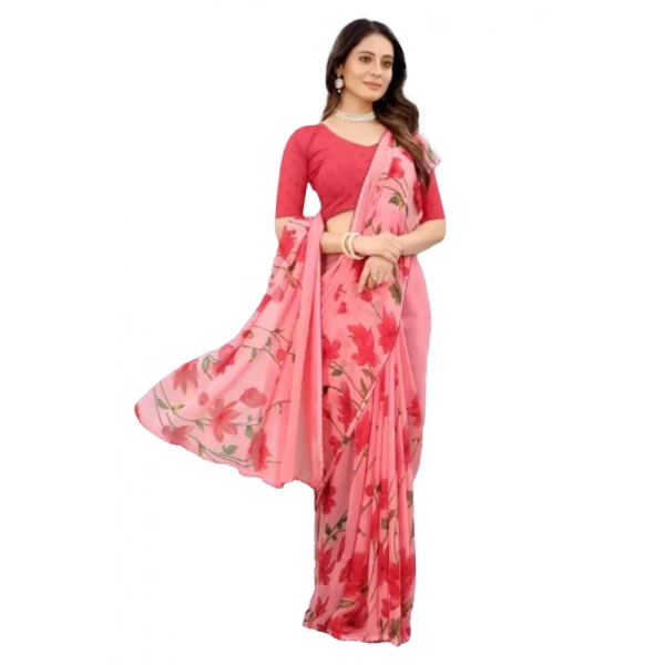 Women's Georgette Printed Saree With Unstitched Blouse (Red) - Red