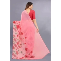 Women's Georgette Printed Saree With Unstitched Blouse (Red) - Red