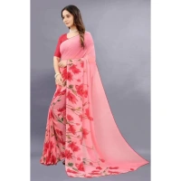 Women's Georgette Printed Saree With Unstitched Blouse (Red) - Red
