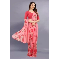 Women's Georgette Printed Saree With Unstitched Blouse (Red) - Red