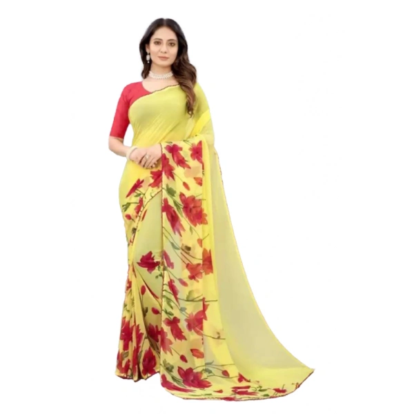 Women's Georgette Printed Saree With Unstitched Blouse (Yellow) - Yellow