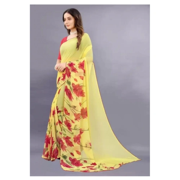 Women's Georgette Printed Saree With Unstitched Blouse (Yellow) - Yellow