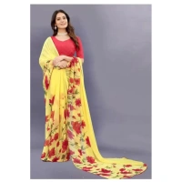 Women's Georgette Printed Saree With Unstitched Blouse (Yellow) - Yellow