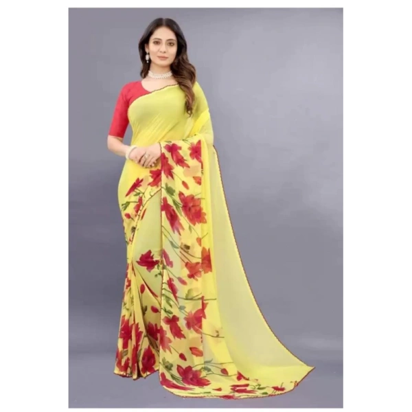 Women's Georgette Printed Saree With Unstitched Blouse (Yellow) - Yellow