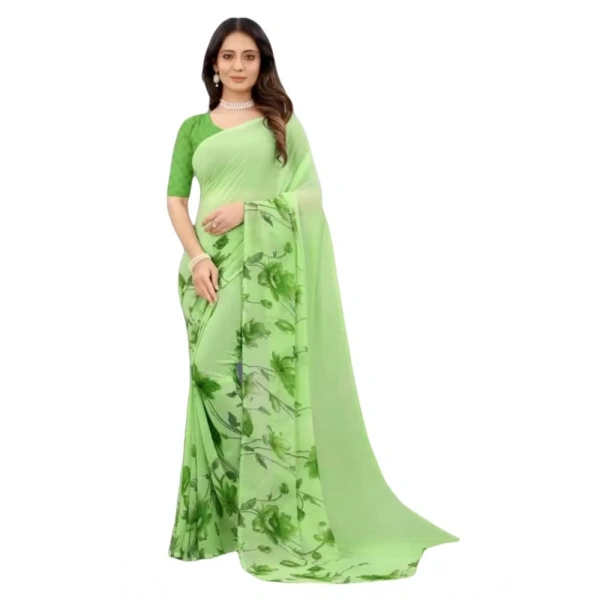 Women's Georgette Printed Saree With Unstitched Blouse (Green) - Green