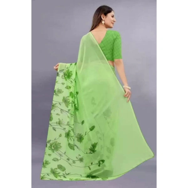 Women's Georgette Printed Saree With Unstitched Blouse (Green) - Green